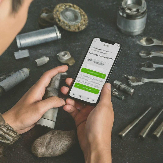 Person browsing options for used Toyota parts on a smartphone surrounded by mechanical tools.