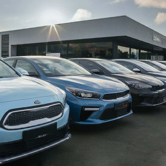 Lineup of cars at dealership reflecting US auto market trends in a shifting landscape.